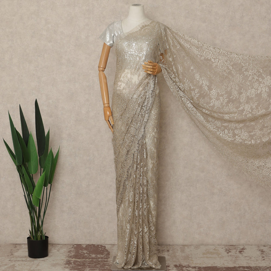 Warm Beige Metallic French Chantilly Saree Lace Elegant Floral Net Design 5.5 Mtrs Length 110 Cms Width Premium Soft Sheer Fabric France Origin-D28910 Regal Fabrics