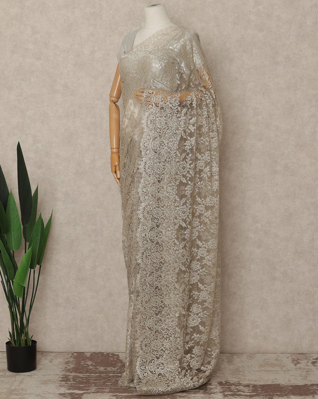 Warm Beige Metallic French Chantilly Saree Lace Elegant Floral Net Design 5.5 Mtrs Length 110 Cms Width Premium Soft Sheer Fabric France Origin-D28910 Regal Fabrics