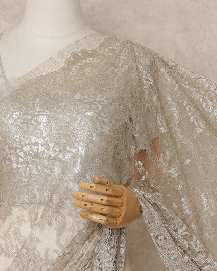 Warm Beige Metallic French Chantilly Saree Lace Elegant Floral Net Design 5.5 Mtrs Length 110 Cms Width Premium Soft Sheer Fabric France Origin-D28910 Regal Fabrics