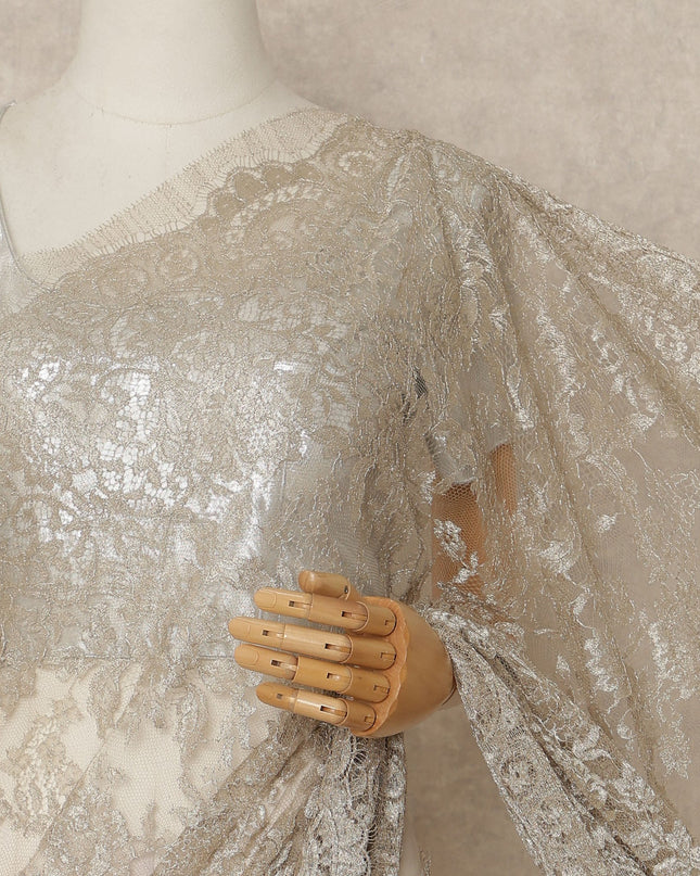 Warm Beige Metallic French Chantilly Saree Lace Elegant Floral Net Design 5.5 Mtrs Length 110 Cms Width Premium Soft Sheer Fabric France Origin-D28910 Regal Fabrics