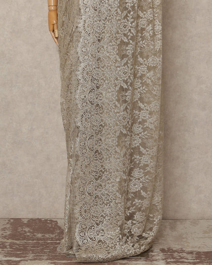 Warm Beige Metallic French Chantilly Saree Lace Elegant Floral Net Design 5.5 Mtrs Length 110 Cms Width Premium Soft Sheer Fabric France Origin-D28910 Regal Fabrics