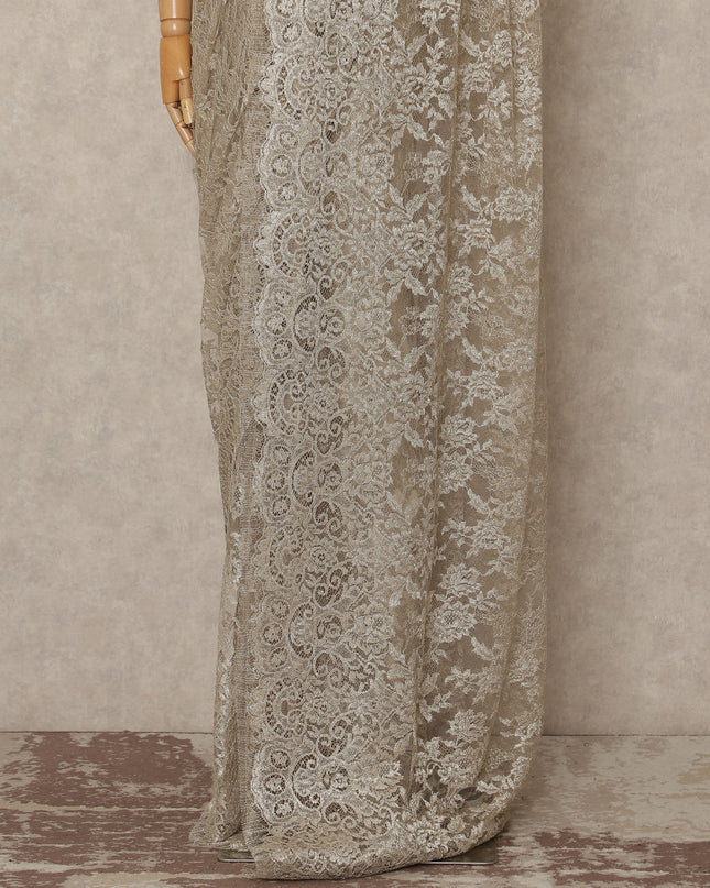 Warm Beige Metallic French Chantilly Saree Lace Elegant Floral Net Design 5.5 Mtrs Length 110 Cms Width Premium Soft Sheer Fabric France Origin-D28910 Regal Fabrics