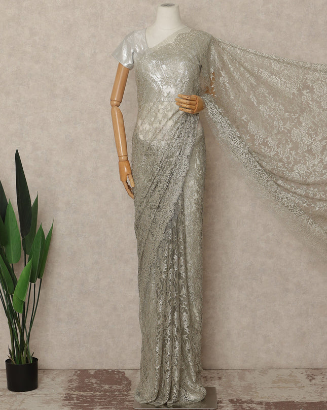 Champagne Gold Metallic French Chantilly Saree Lace Elegant Floral Net Design 5.5 Mtrs Length 110 Cms Width Premium Soft Sheer Fabric France Origin-D28909 Regal Fabrics