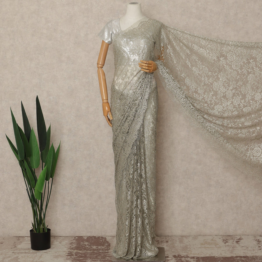 Champagne Gold Metallic French Chantilly Saree Lace Elegant Floral Net Design 5.5 Mtrs Length 110 Cms Width Premium Soft Sheer Fabric France Origin-D28909 Regal Fabrics