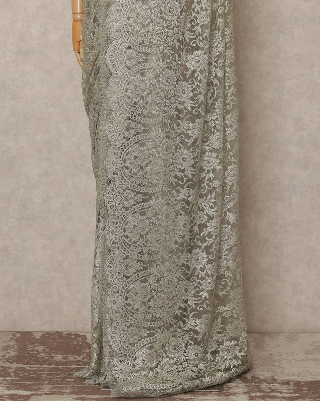 Champagne Gold Metallic French Chantilly Saree Lace Elegant Floral Net Design 5.5 Mtrs Length 110 Cms Width Premium Soft Sheer Fabric France Origin-D28909 Regal Fabrics