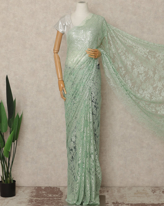 Mint Green Metallic French Chantilly Saree Lace Elegant Floral Net Design 5.5 Mtrs Length 110 Cms Width Premium Soft Sheer Fabric France Origin-D28905 Regal Fabrics