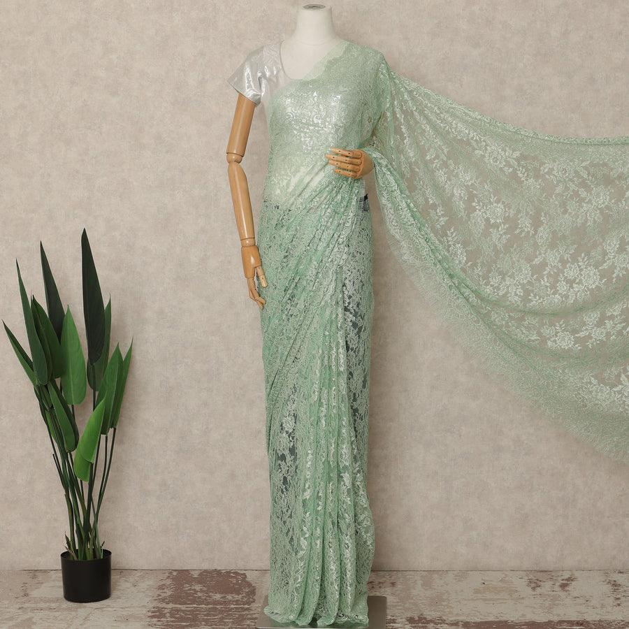 Mint Green Metallic French Chantilly Saree Lace Elegant Floral Net Design 5.5 Mtrs Length 110 Cms Width Premium Soft Sheer Fabric France Origin-D28905 Regal Fabrics