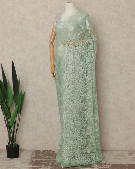 Mint Green Metallic French Chantilly Saree Lace Elegant Floral Net Design 5.5 Mtrs Length 110 Cms Width Premium Soft Sheer Fabric France Origin-D28905 Regal Fabrics