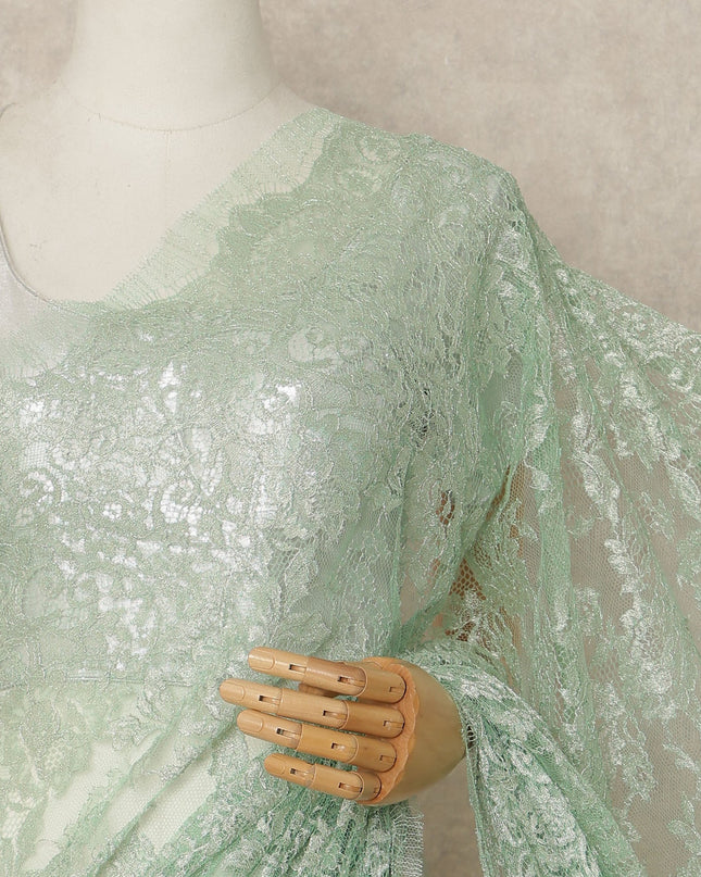 Mint Green Metallic French Chantilly Saree Lace Elegant Floral Net Design 5.5 Mtrs Length 110 Cms Width Premium Soft Sheer Fabric France Origin-D28905 Regal Fabrics
