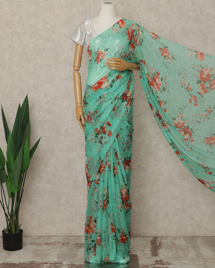 Mint Green Floral Premium Pure Silk Chiffon Saree 5.5 Meters x 110 Cms Width with Stone Work from South Korea Unstitched Blouse Not Included-D28162