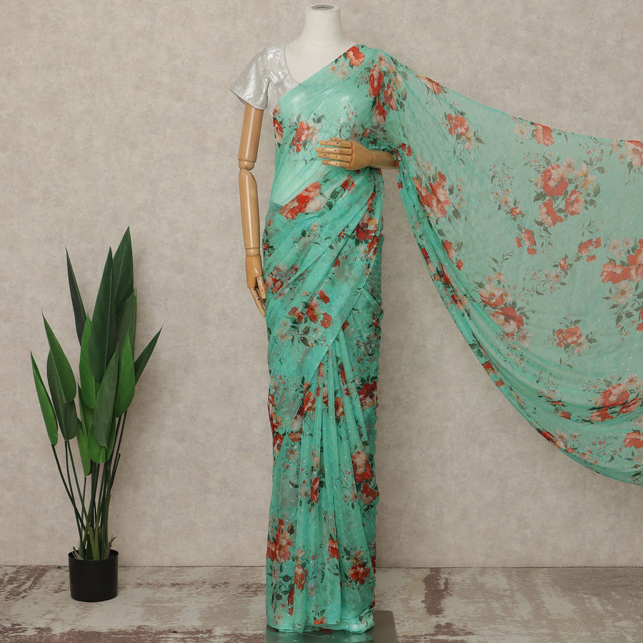 Mint Green Floral Premium Pure Silk Chiffon Saree 5.5 Meters x 110 Cms Width with Stone Work from South Korea Unstitched Blouse Not Included-D28162