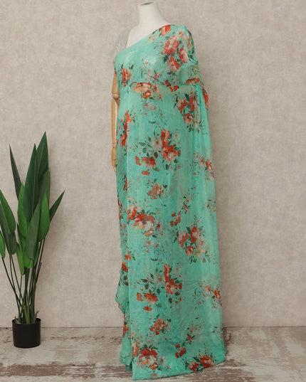 Mint Green Floral Premium Pure Silk Chiffon Saree 5.5 Meters x 110 Cms Width with Stone Work from South Korea Unstitched Blouse Not Included-D28162