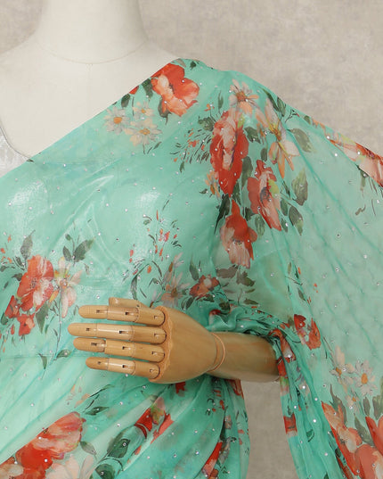 Mint Green Floral Premium Pure Silk Chiffon Saree 5.5 Meters x 110 Cms Width with Stone Work from South Korea Unstitched Blouse Not Included-D28162