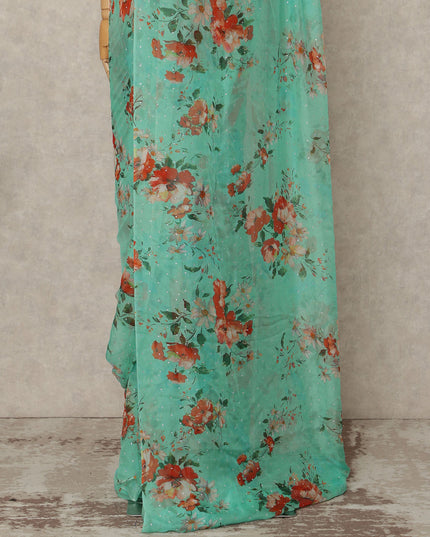 Mint Green Floral Premium Pure Silk Chiffon Saree 5.5 Meters x 110 Cms Width with Stone Work from South Korea Unstitched Blouse Not Included-D28162
