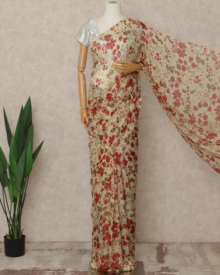 Cream Floral Premium Pure Silk Chiffon Saree 5.5 Meters x 110 Cms Width with Stone Work from South Korea Unstitched Blouse Not Included-D28163