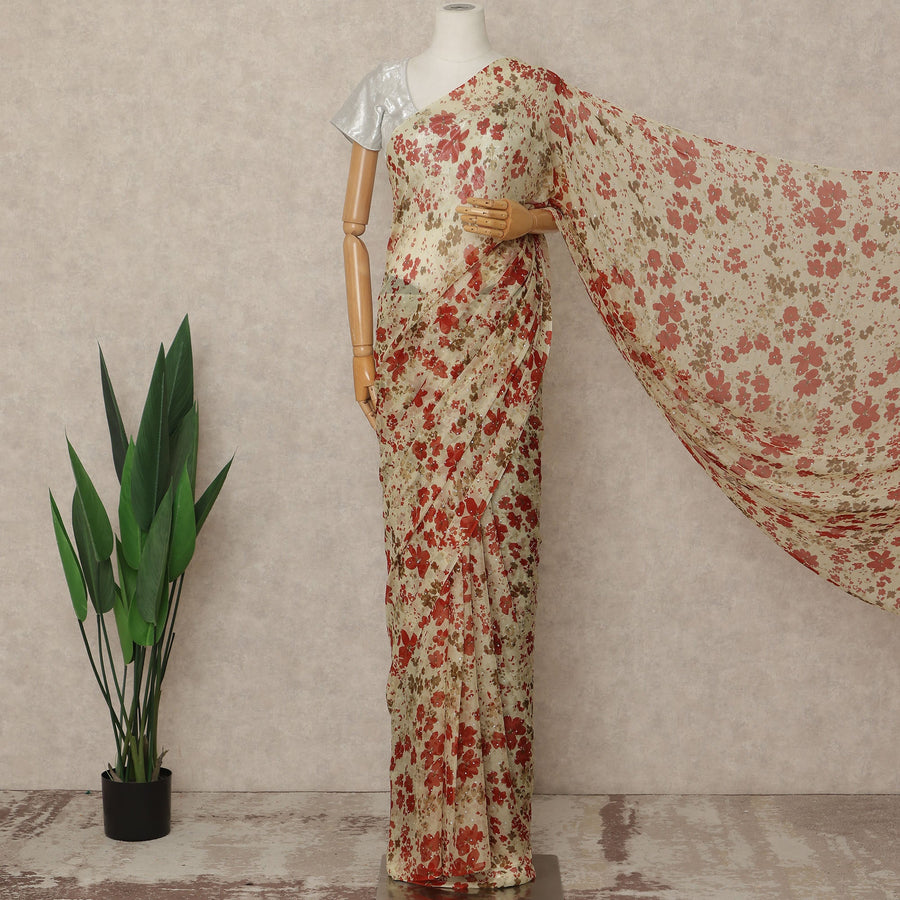 Cream Floral Premium Pure Silk Chiffon Saree 5.5 Meters x 110 Cms Width with Stone Work from South Korea Unstitched Blouse Not Included-D28163