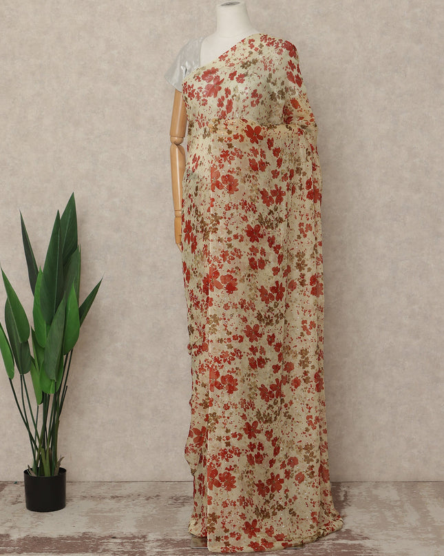 Cream Floral Premium Pure Silk Chiffon Saree 5.5 Meters x 110 Cms Width with Stone Work from South Korea Unstitched Blouse Not Included-D28163