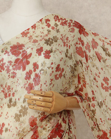 Cream Floral Premium Pure Silk Chiffon Saree 5.5 Meters x 110 Cms Width with Stone Work from South Korea Unstitched Blouse Not Included-D28163