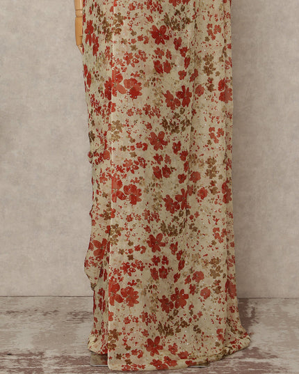 Cream Floral Premium Pure Silk Chiffon Saree 5.5 Meters x 110 Cms Width with Stone Work from South Korea Unstitched Blouse Not Included-D28163