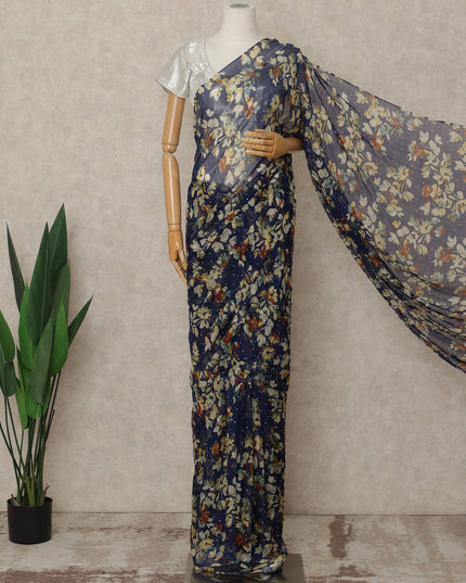 Navy Blue Floral Premium Silk Chiffon Saree 5.5 Meters x 110 Cms Width with Stone Work from South Korea Unstitched Blouse Not Included-D28161