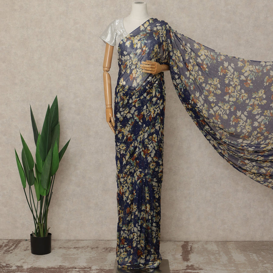 Navy Blue Floral Premium Silk Chiffon Saree 5.5 Meters x 110 Cms Width with Stone Work from South Korea Unstitched Blouse Not Included-D28161