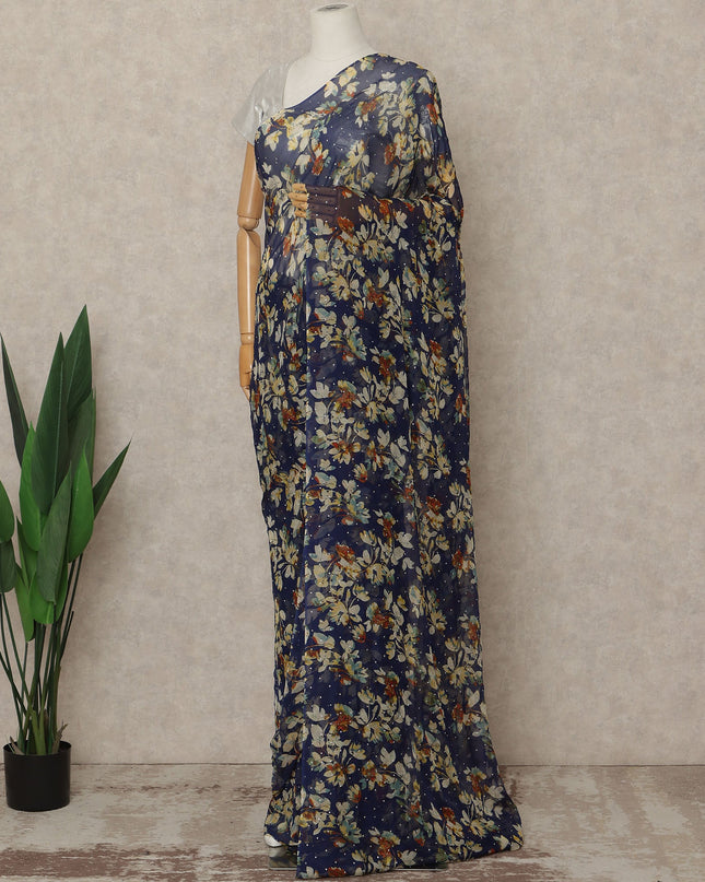 Navy Blue Floral Premium Silk Chiffon Saree 5.5 Meters x 110 Cms Width with Stone Work from South Korea Unstitched Blouse Not Included-D28161