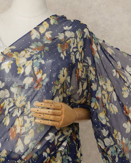 Navy Blue Floral Premium Silk Chiffon Saree 5.5 Meters x 110 Cms Width with Stone Work from South Korea Unstitched Blouse Not Included-D28161
