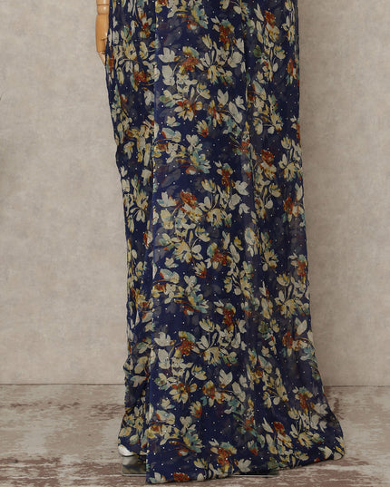 Navy Blue Floral Premium Silk Chiffon Saree 5.5 Meters x 110 Cms Width with Stone Work from South Korea Unstitched Blouse Not Included-D28161