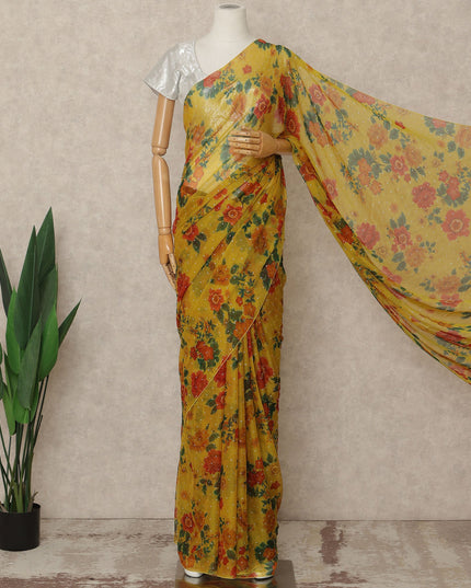 Mustard Yellow Floral Premium Pure Silk Chiffon Saree 5.5 Meters x 110 Cms Width with Stone Work from South Korea Unstitched Blouse Not Included-D28165
