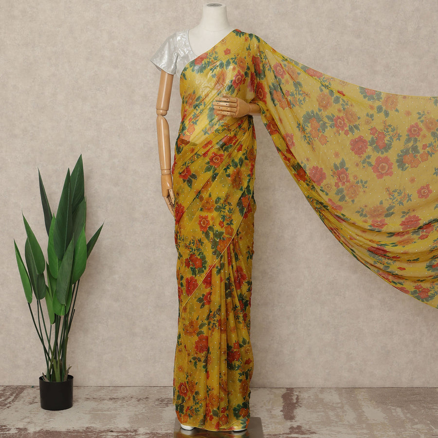 Mustard Yellow Floral Premium Pure Silk Chiffon Saree 5.5 Meters x 110 Cms Width with Stone Work from South Korea Unstitched Blouse Not Included-D28165