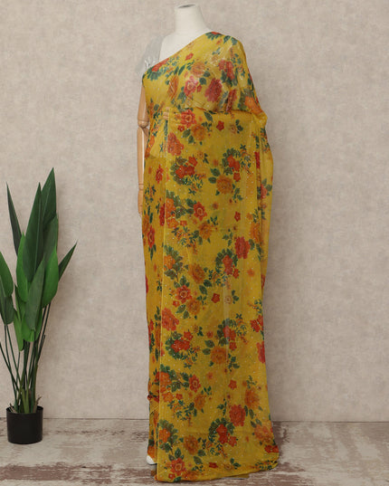 Mustard Yellow Floral Premium Pure Silk Chiffon Saree 5.5 Meters x 110 Cms Width with Stone Work from South Korea Unstitched Blouse Not Included-D28165