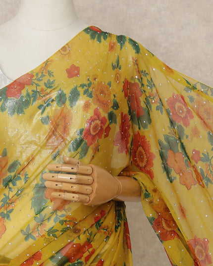 Mustard Yellow Floral Premium Pure Silk Chiffon Saree 5.5 Meters x 110 Cms Width with Stone Work from South Korea Unstitched Blouse Not Included-D28165