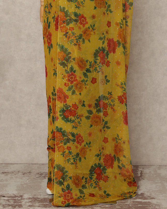 Mustard Yellow Floral Premium Pure Silk Chiffon Saree 5.5 Meters x 110 Cms Width with Stone Work from South Korea Unstitched Blouse Not Included-D28165