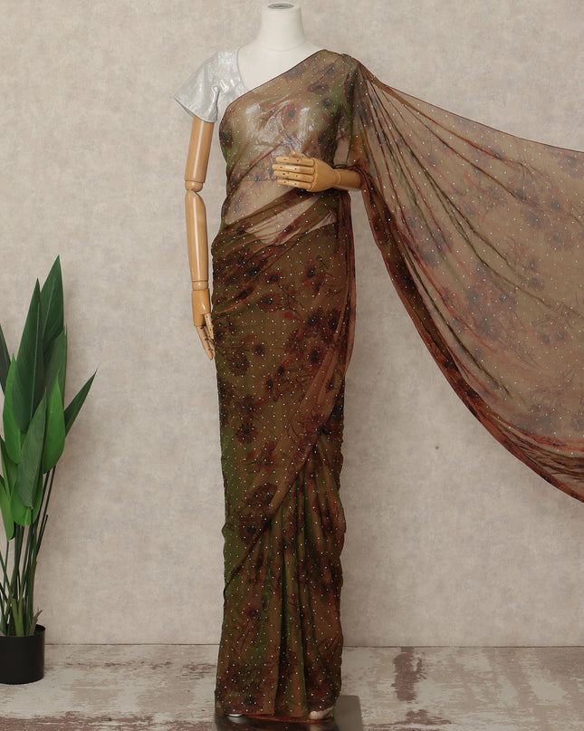 Olive Brown Floral Premium Pure Silk Chiffon Saree 5.5 Meters x 110 Cms Width with Stone Work from South Korea Unstitched Blouse Not Included-D28164