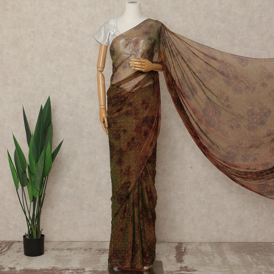 Olive Brown Floral Premium Pure Silk Chiffon Saree 5.5 Meters x 110 Cms Width with Stone Work from South Korea Unstitched Blouse Not Included-D28164