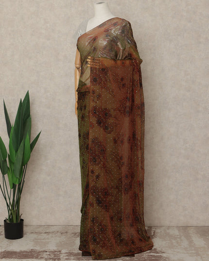 Olive Brown Floral Premium Pure Silk Chiffon Saree 5.5 Meters x 110 Cms Width with Stone Work from South Korea Unstitched Blouse Not Included-D28164