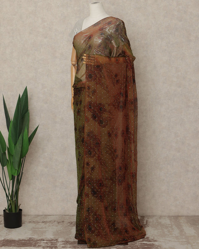 Olive Brown Floral Premium Pure Silk Chiffon Saree 5.5 Meters x 110 Cms Width with Stone Work from South Korea Unstitched Blouse Not Included-D28164