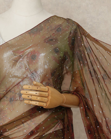 Olive Brown Floral Premium Pure Silk Chiffon Saree 5.5 Meters x 110 Cms Width with Stone Work from South Korea Unstitched Blouse Not Included-D28164