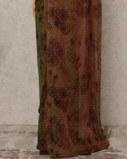 Olive Brown Floral Premium Pure Silk Chiffon Saree 5.5 Meters x 110 Cms Width with Stone Work from South Korea Unstitched Blouse Not Included-D28164