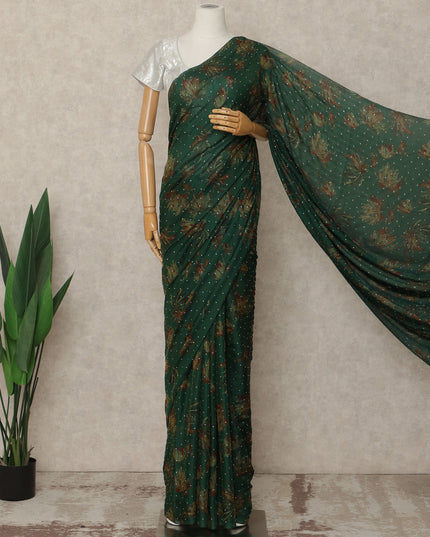 Emerald Green Floral Premium Pure Silk Chiffon Saree 5.5 Meters x 110 Cms Width with Stone Work from South Korea Unstitched Blouse Not Included-D28166