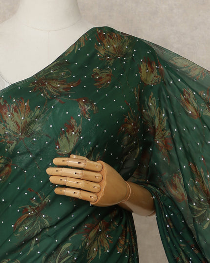 Emerald Green Floral Premium Pure Silk Chiffon Saree 5.5 Meters x 110 Cms Width with Stone Work from South Korea Unstitched Blouse Not Included-D28166