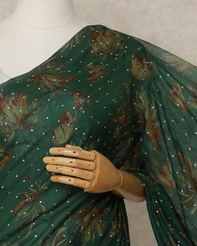 Emerald Green Floral Premium Pure Silk Chiffon Saree 5.5 Meters x 110 Cms Width with Stone Work from South Korea Unstitched Blouse Not Included-D28166