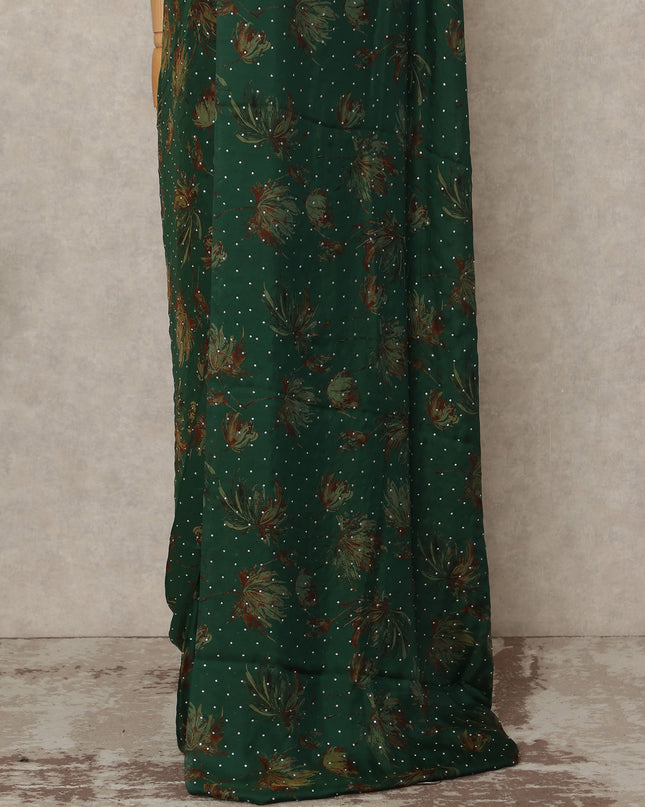 Emerald Green Floral Premium Pure Silk Chiffon Saree 5.5 Meters x 110 Cms Width with Stone Work from South Korea Unstitched Blouse Not Included-D28166