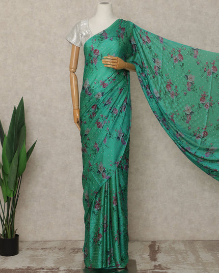 Emerald Green Floral Premium Pure Silk Chiffon Saree 5.5 Meters x 110 Cms Width with Stone Work from South Korea Unstitched Blouse Not Included-D28170