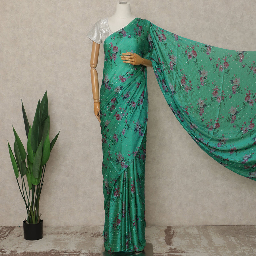 Emerald Green Floral Premium Pure Silk Chiffon Saree 5.5 Meters x 110 Cms Width with Stone Work from South Korea Unstitched Blouse Not Included-D28170