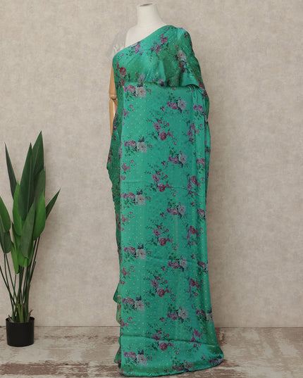 Emerald Green Floral Premium Pure Silk Chiffon Saree 5.5 Meters x 110 Cms Width with Stone Work from South Korea Unstitched Blouse Not Included-D28170