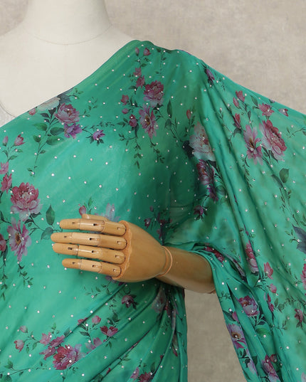 Emerald Green Floral Premium Pure Silk Chiffon Saree 5.5 Meters x 110 Cms Width with Stone Work from South Korea Unstitched Blouse Not Included-D28170