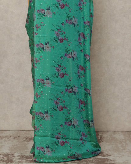 Emerald Green Floral Premium Pure Silk Chiffon Saree 5.5 Meters x 110 Cms Width with Stone Work from South Korea Unstitched Blouse Not Included-D28170