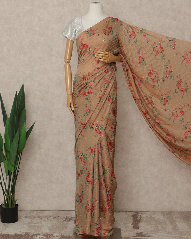 Peach Beige Floral Premium Pure Silk Chiffon Saree 5.5 Meters x 110 Cms Width with Stone Work from South Korea Unstitched Blouse Not Included-D28168