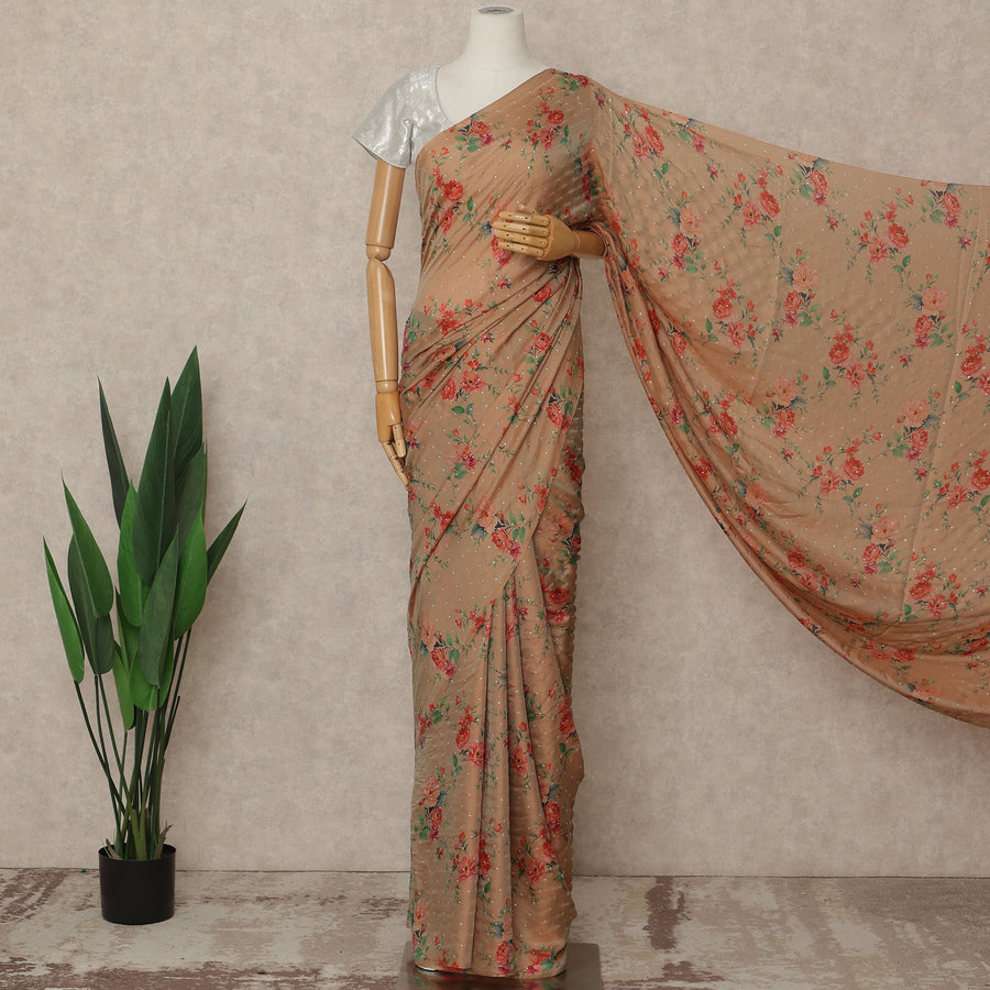 Peach Beige Floral Premium Pure Silk Chiffon Saree 5.5 Meters x 110 Cms Width with Stone Work from South Korea Unstitched Blouse Not Included-D28168